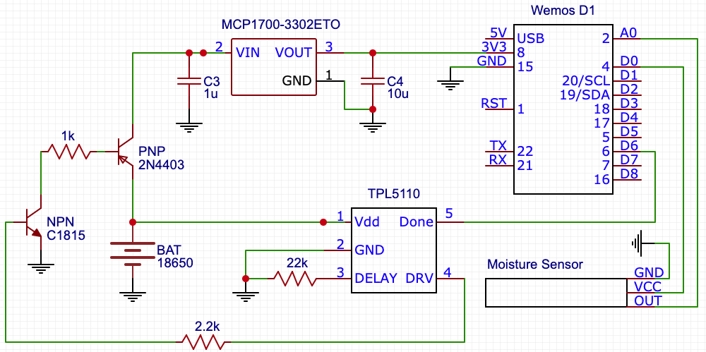 TPL5110 c1815 NPN 2N4403 PNP transistor MCP1700-3302ETO LDO voltage regulator Wemos D1 Mini Moisture sensor circuit schematic